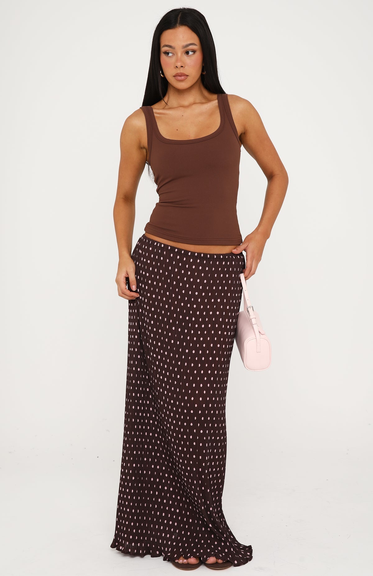 Flow State Maxi Skirt Choc/Pink Polka Dot