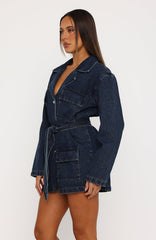 Freefall Romance Long Sleeve Denim Dress Dark Blue