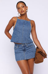 Happiness Is Key Mid Rise Denim Mini Skirt Admiral Blue Wash