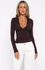 Knew That All Along Lace Trim Long Sleeve Top Chocolate