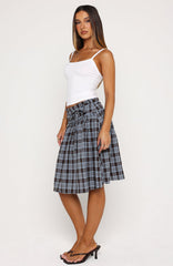 Make You Blush Midi Skirt Blue/Chocolate Check