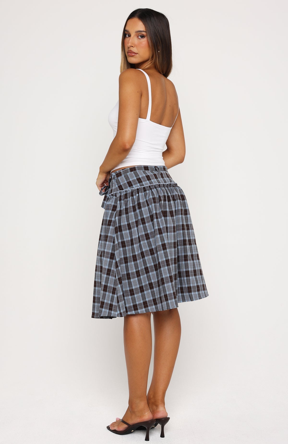 Make You Blush Midi Skirt Blue/Chocolate Check
