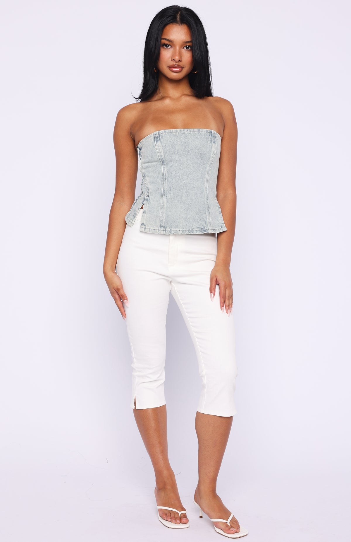 Not Listening Strapless Denim Top Light Blue Wash