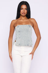 Not Listening Strapless Denim Top Light Blue Wash