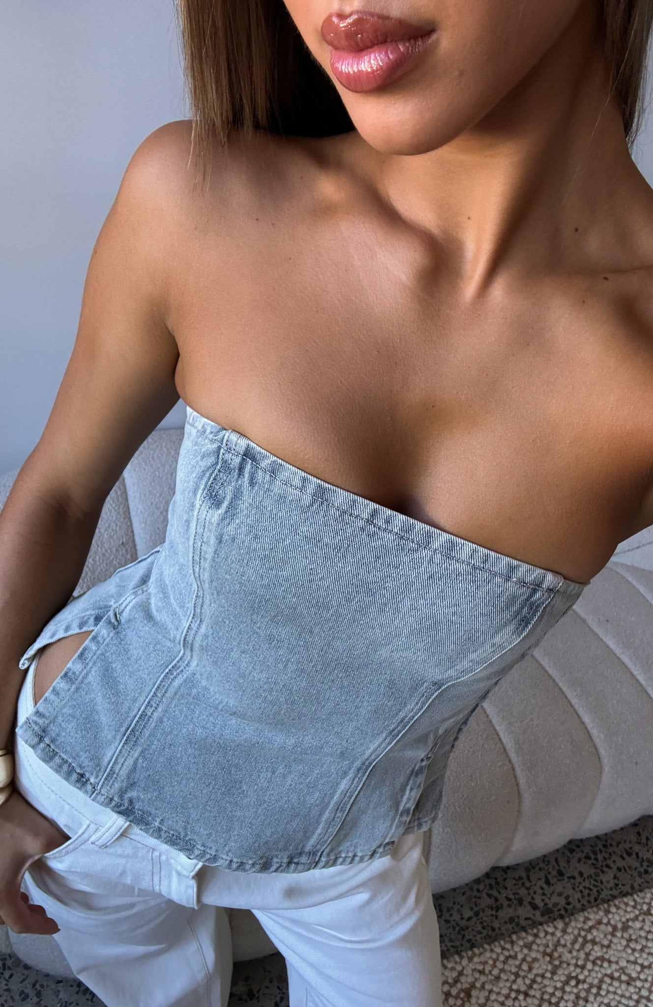 Not Listening Strapless Denim Top Light Blue Wash