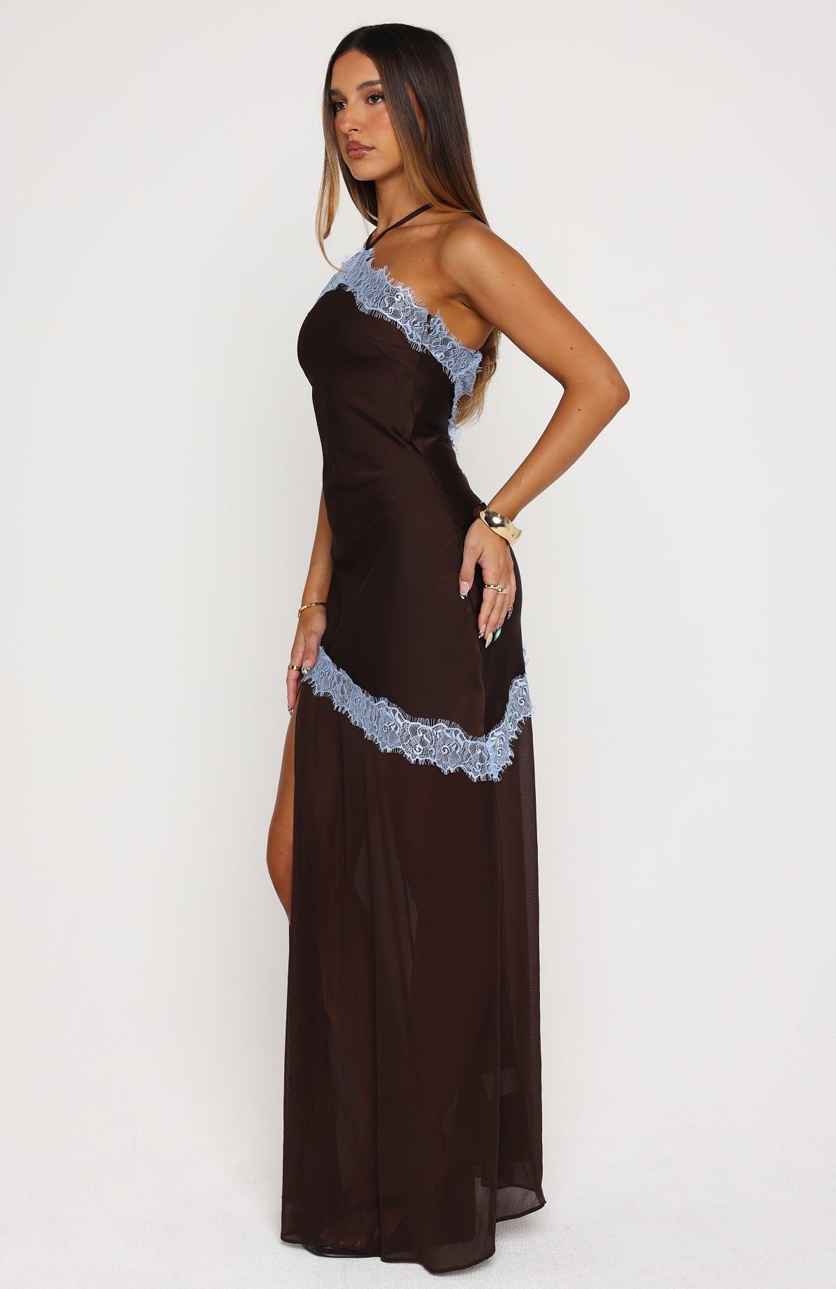 Perfect For You Halter Maxi Dress Dark Chocolate/Powder Blue