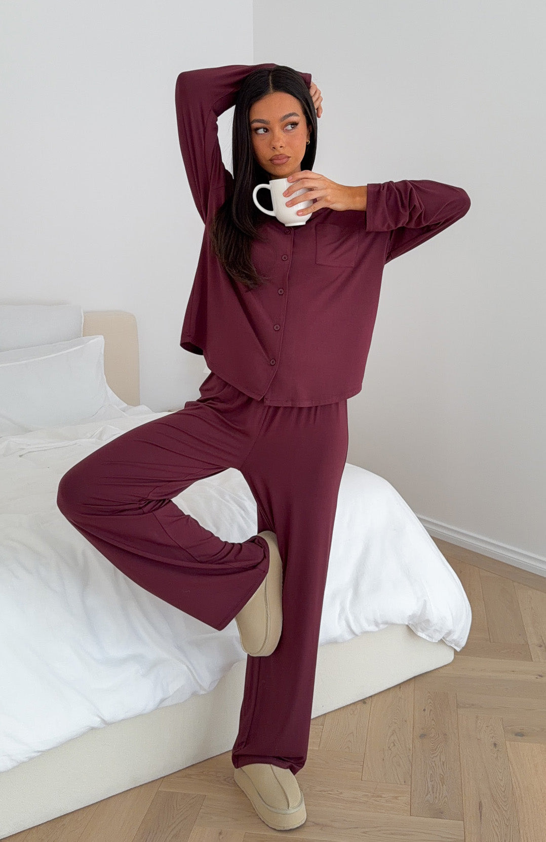 Pillow Talk Long Sleeve Pyjama Set Burgundy