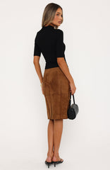 Ready For Business Faux Suede Midi Skirt Chestnut