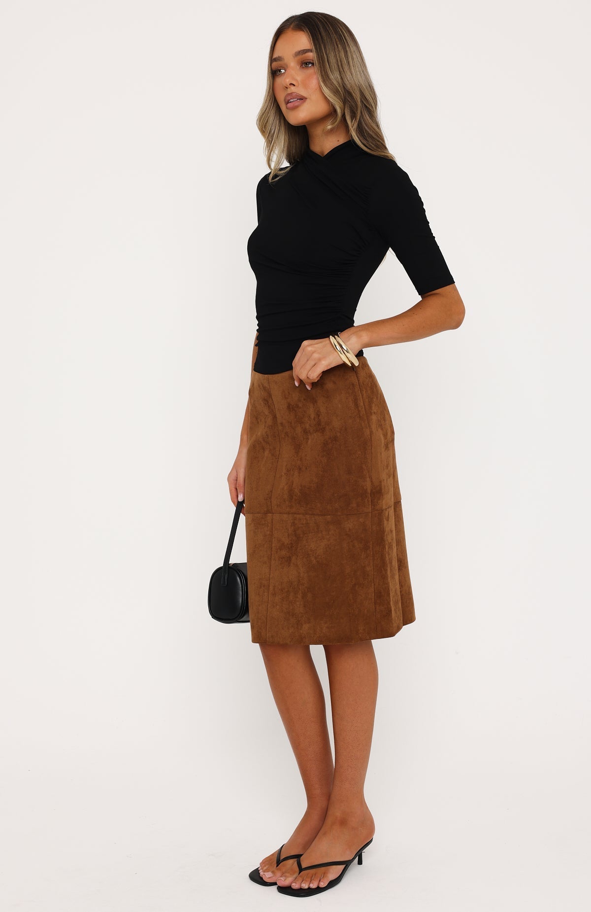 Ready For Business Faux Suede Midi Skirt Chestnut