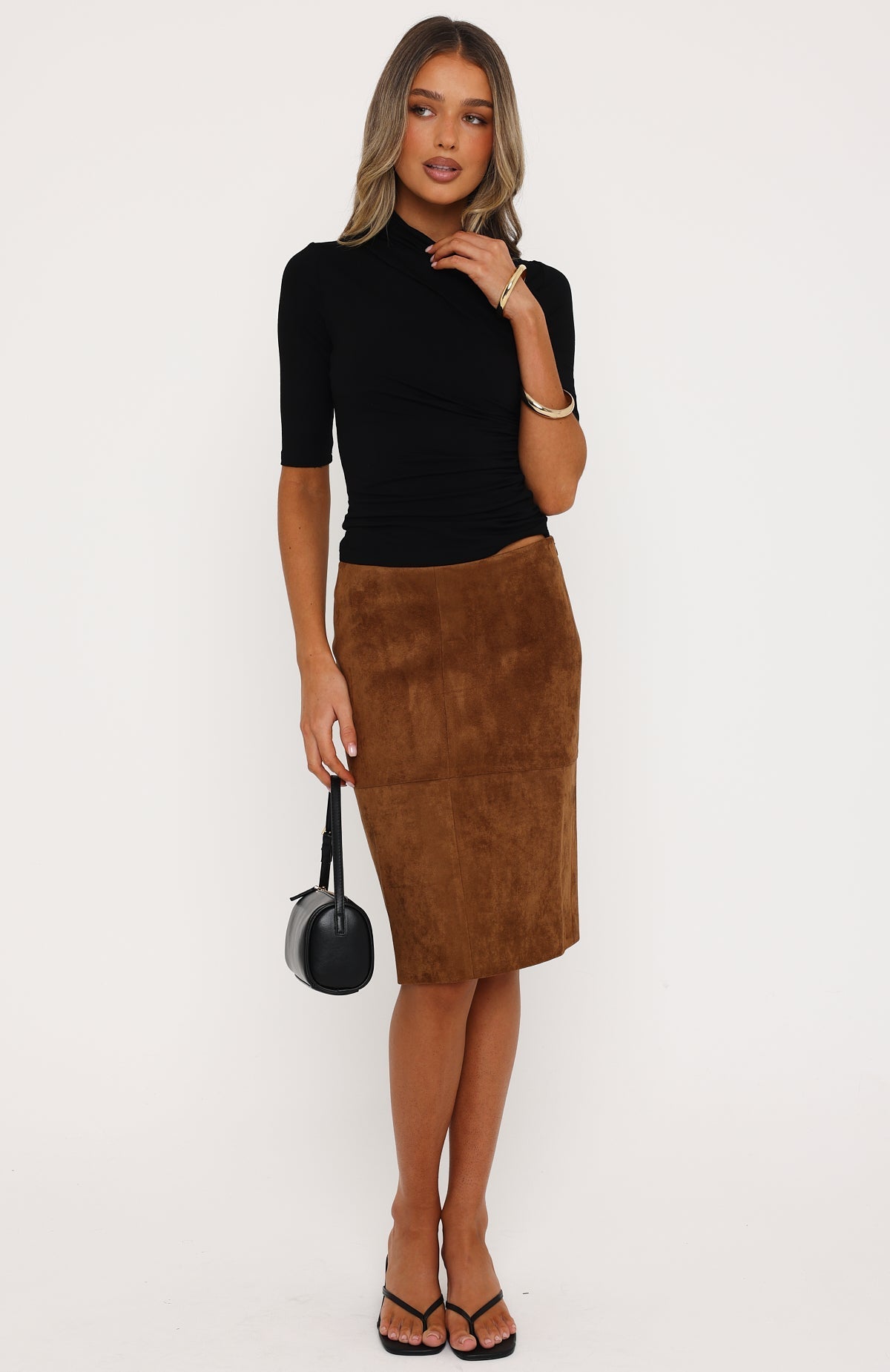 Ready For Business Faux Suede Midi Skirt Chestnut