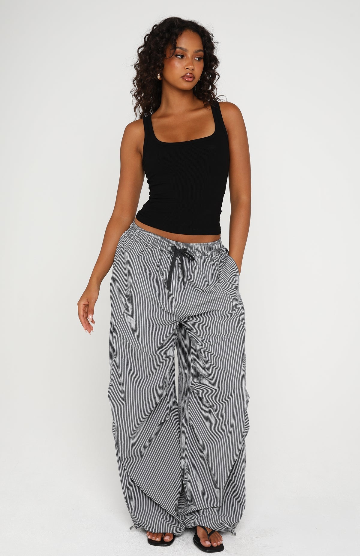 Say When Barrel Leg Pants Charcoal Stripe