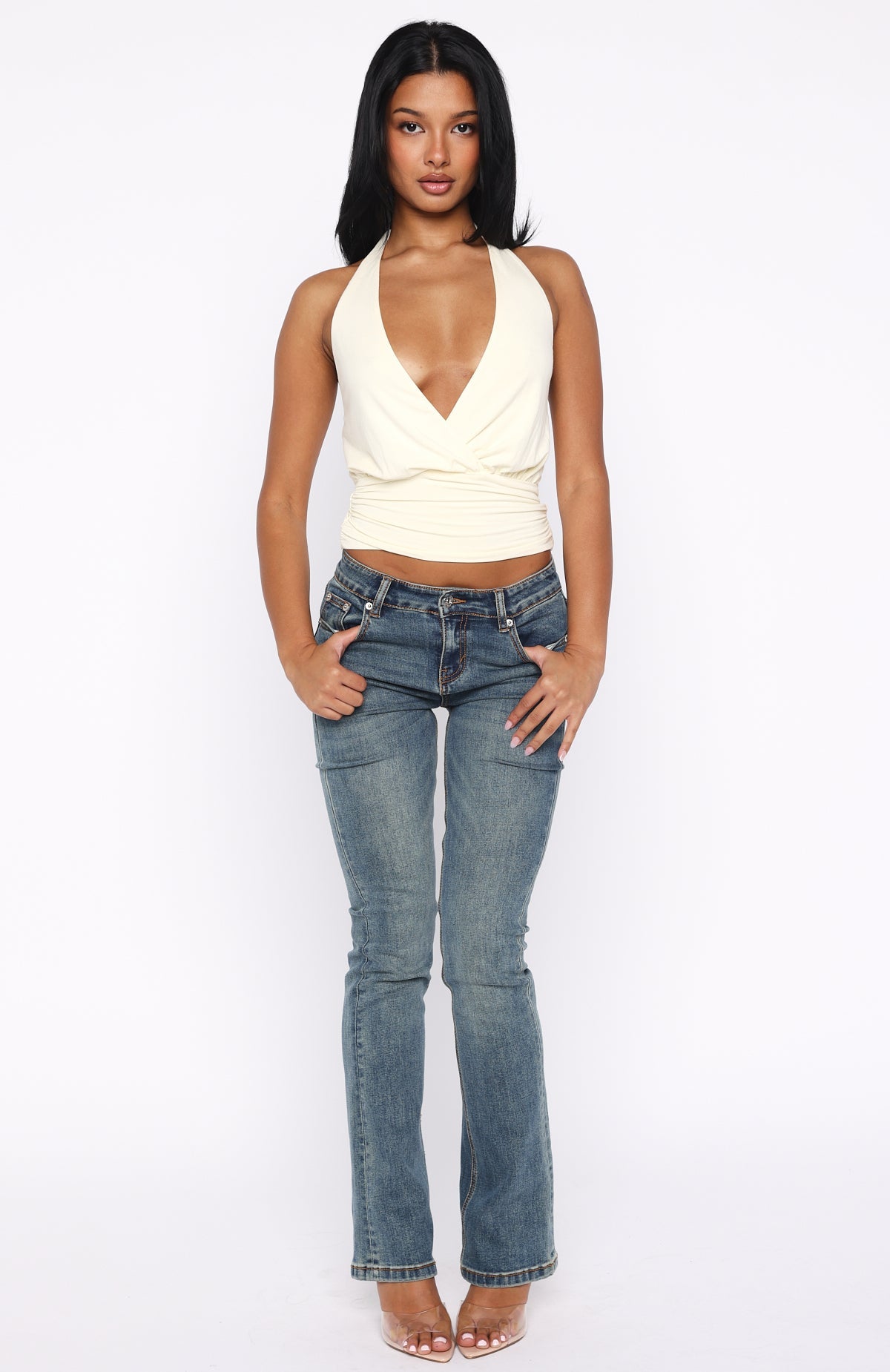 Show Stopping Cinched Waist Halter Top Cream