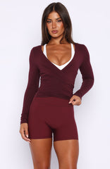 Staying Cute Long Sleeve Wrap Top Merlot