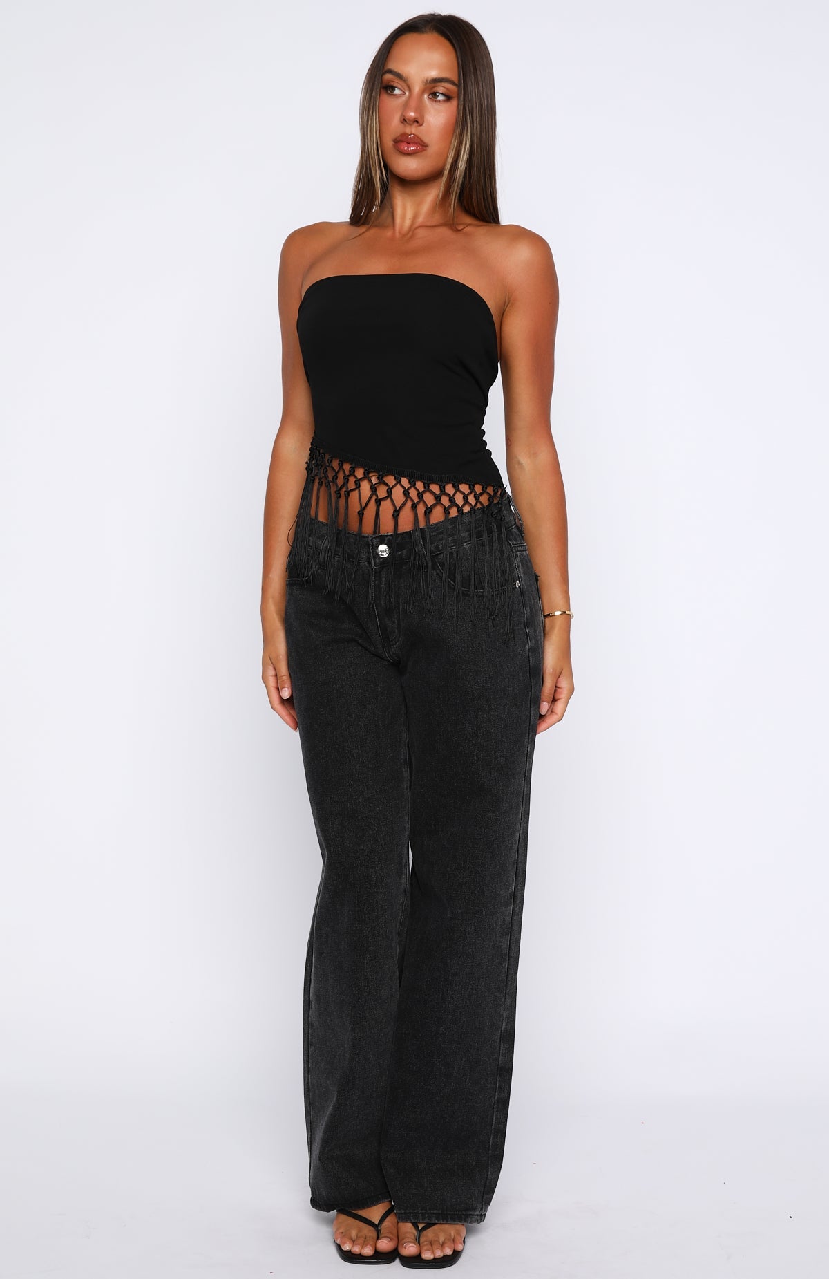 Sweet As Me Strapless Fringe Top Black