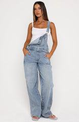 This Isn't Working Denim Overall Jumpsuit Vintage Ice Blue Wash