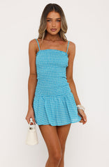 Too Much Fun Shirred Mini Dress Blue/White Check