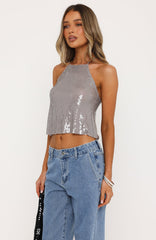 Under The Disco Ball Sequin Halter Top Silver