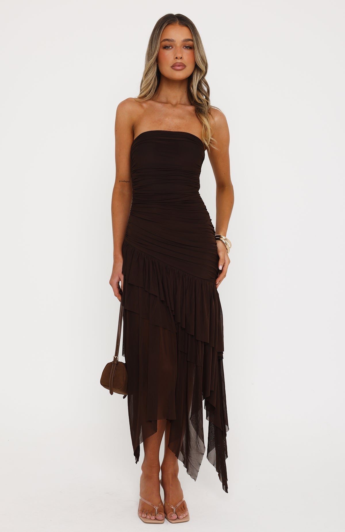 Venetian Dreams Strapless Midi Dress Chocolate