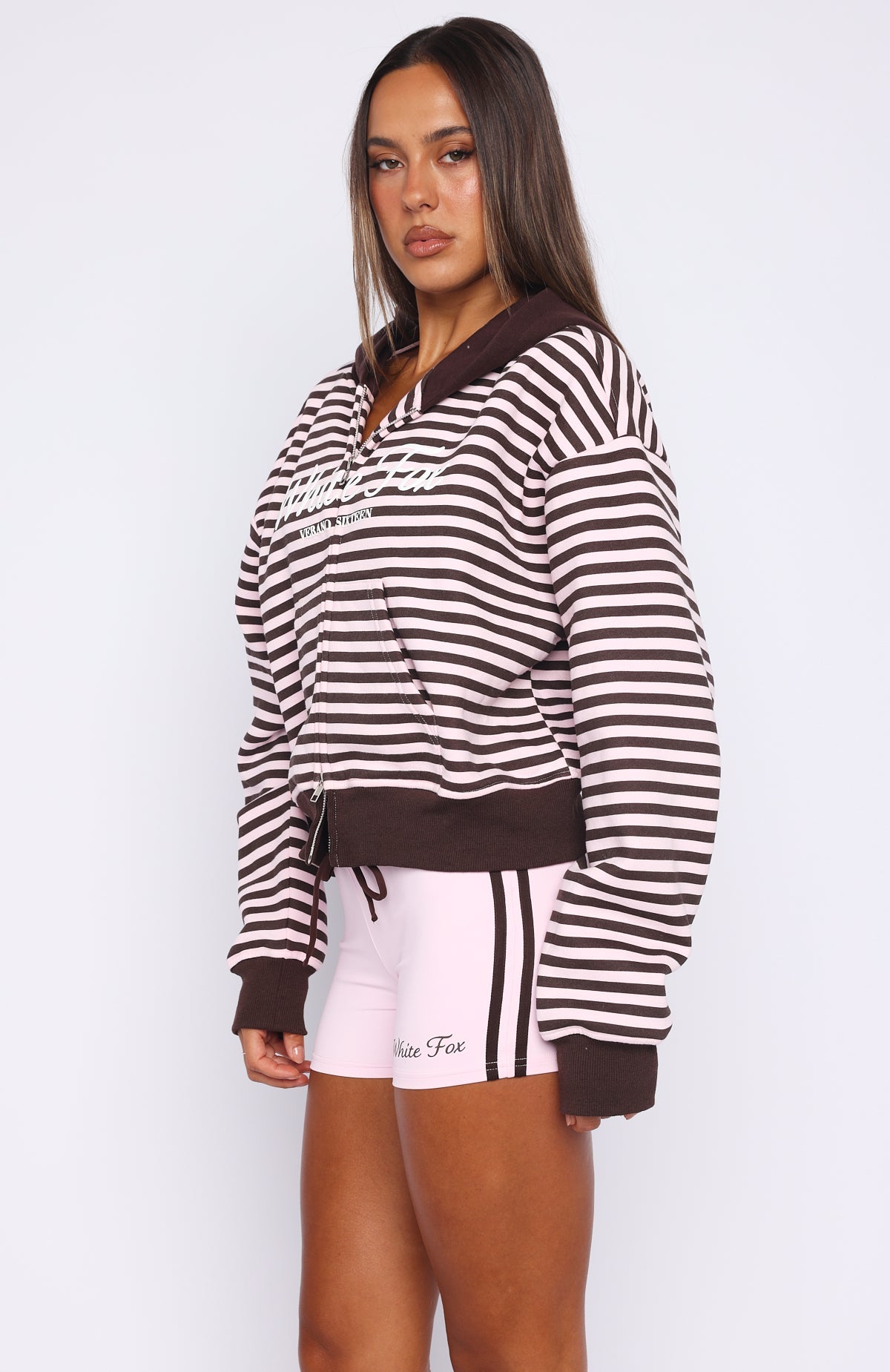 Verano Sixteen Maria Boxy Zip Front Hoodie Pink/Choc Stripe
